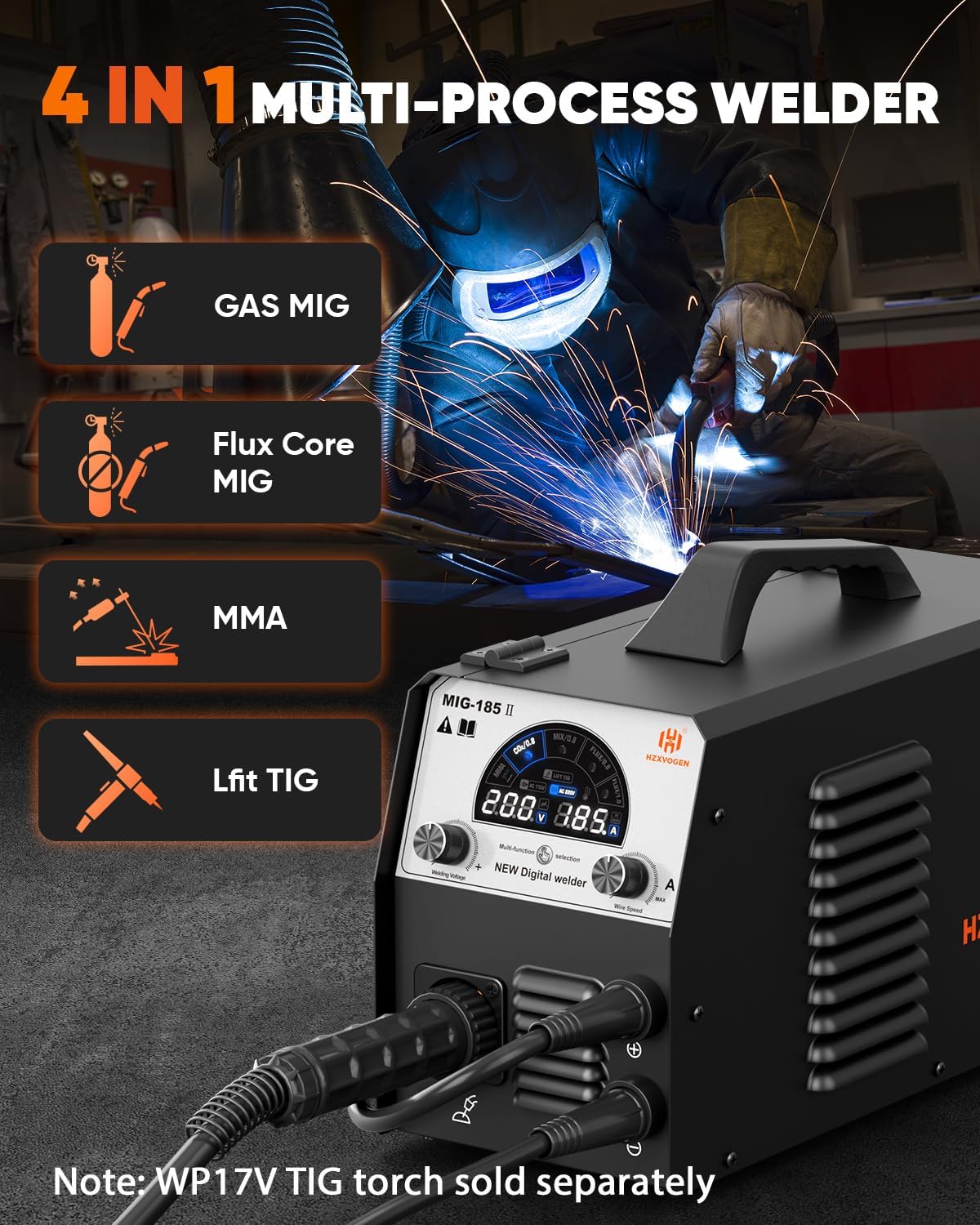 H HZXVOGEN 185A Saldatrice MIG 4 in 1, Attrezzatura di Saldatura Sinergica con Gas/Senza Gas/TIG Lift/Elettrodo, 230V IGBT Inverter, Ampio Schermo LCD – Ideale per Principianti e Professionisti