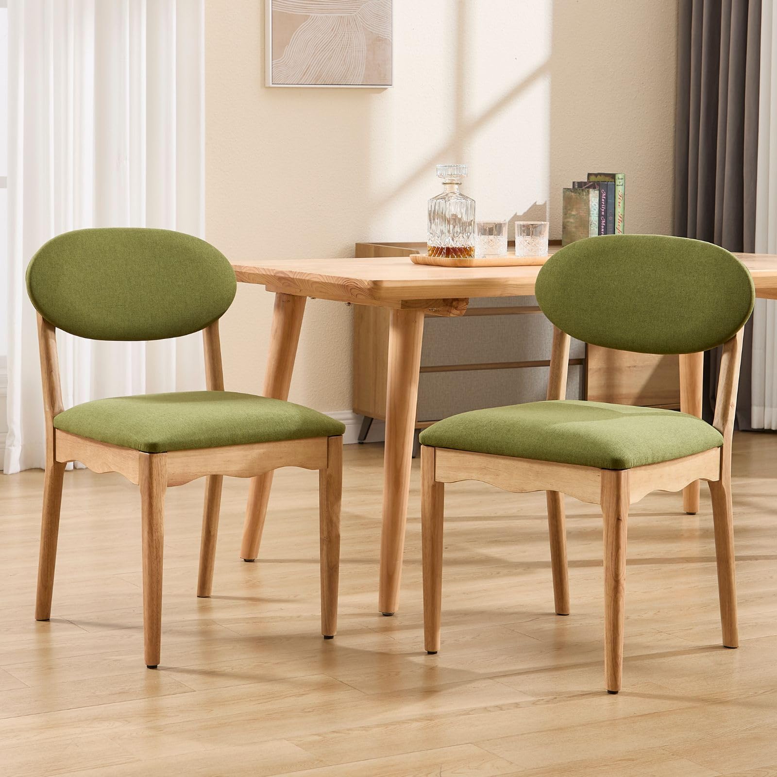 ROCITY Green Upholstered Dining Chairs Set of 2 Wood Dining Room Chairs Farmhouse Boho Kitchen Chairs Linen Fabric Natural Oak Wood