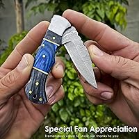 Vista 6 de AR Damascus - Cuchillo plegable de bolsillo hecho a mano para supervivencia al aire libre, hecho de mango de madera y acero de Damasco, junto