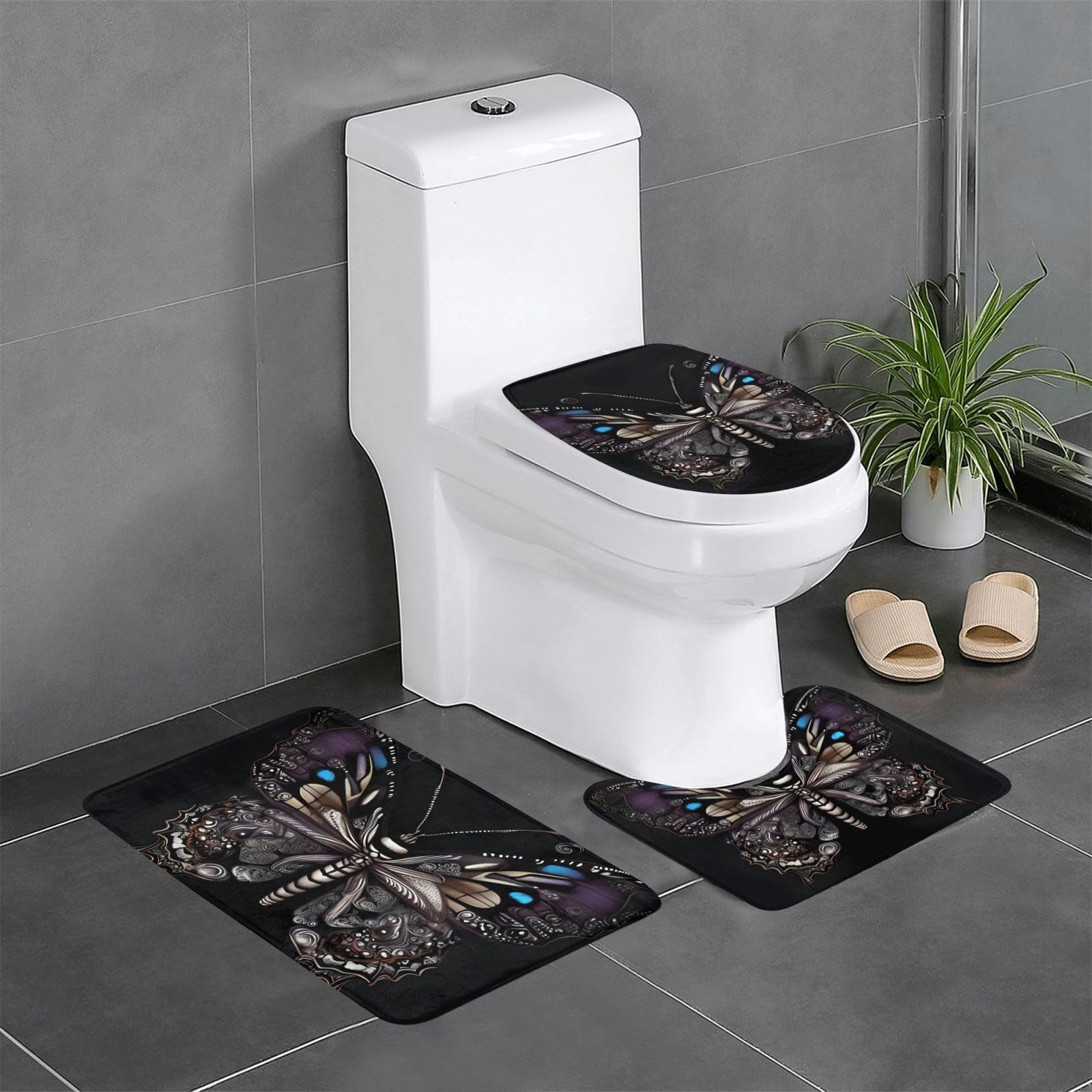Tapis de salle de bain papillons lot de 3 pour toilettes et coiffeuse