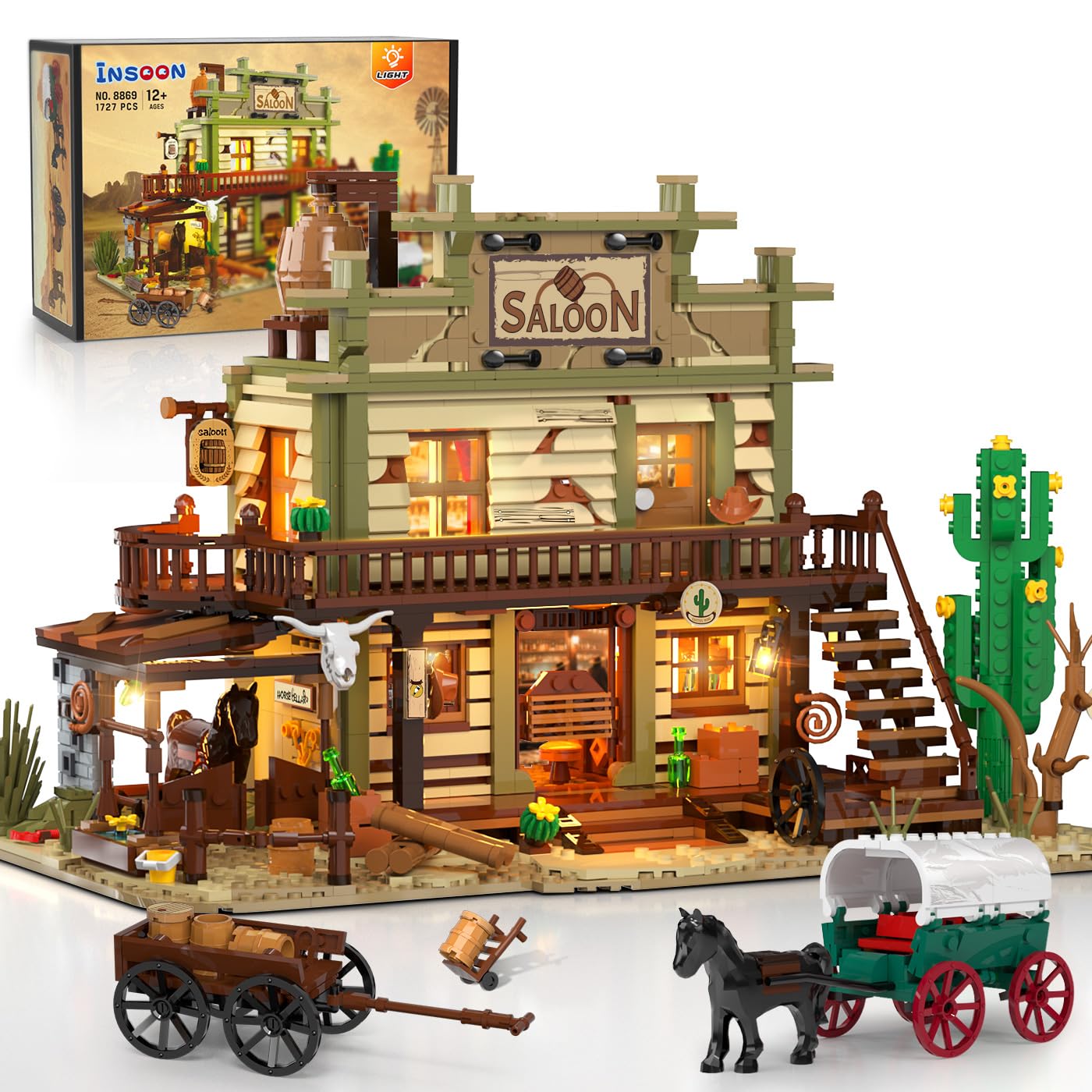 INSOON Western Saloon Building Set with LED Light, Wild West Building Block Toy 1727 PCS, Old West Construction Model with Horse Stable Carriage Cowboy Hat, House Building Kit for Adults Teens 12+