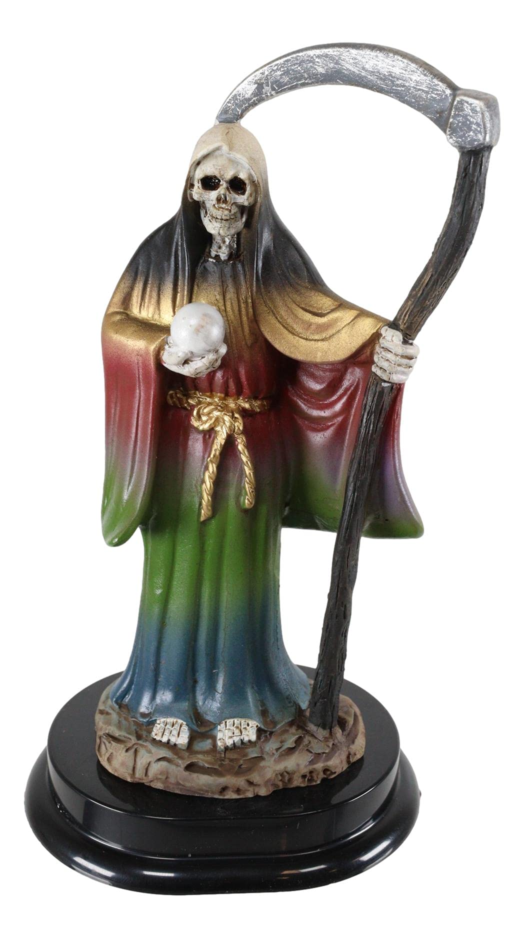 Ebros Gift 5.5" H Rainbow Tunic Robe Santa Muerte Skeleton with Scythe and Orb Figurine Deity of Protection Decorative Sacred Bone Mother 7 Powers Altar Sculpture