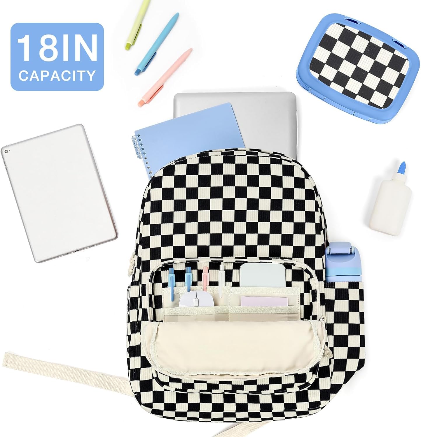 mibasies School Backpack for Girls with Laptop Sleeve: 18IN Large Capacity Corduroy Bookbag for Primary Middle School/College, Travel Daypack for Teens Women - Black Checkered
