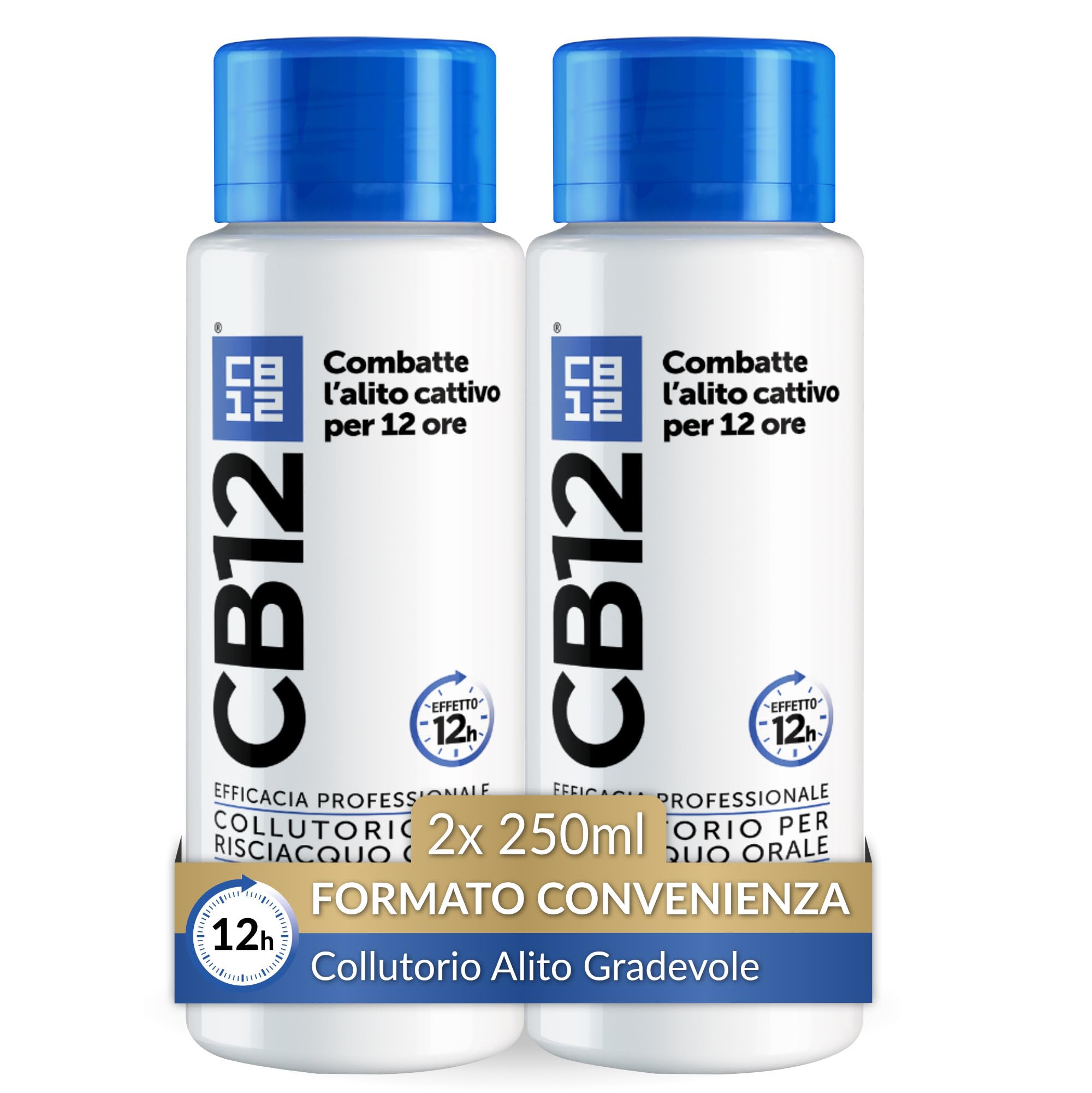 CB12 Original Collutorio per Risciacquo Orale, Protezione Alito Cattivo 16 Ore, Formula con Zinco, Clorexidina e Fluoro, Senza Alcol, 2 Confezioni da 250 ml