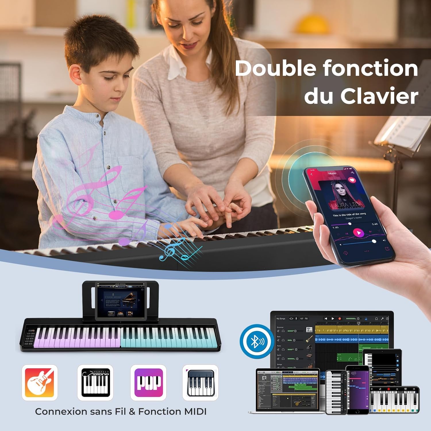 GOPLUS Piano Digital 61 Teclas Portátil, Piano Eléctrico Teclado Plegable con MIDI Bluetooth, 128 Tonos, 128 Ritmos, Pedal y Bolsa de Transporte, Piano Multifuncional para Niños y Principiantes