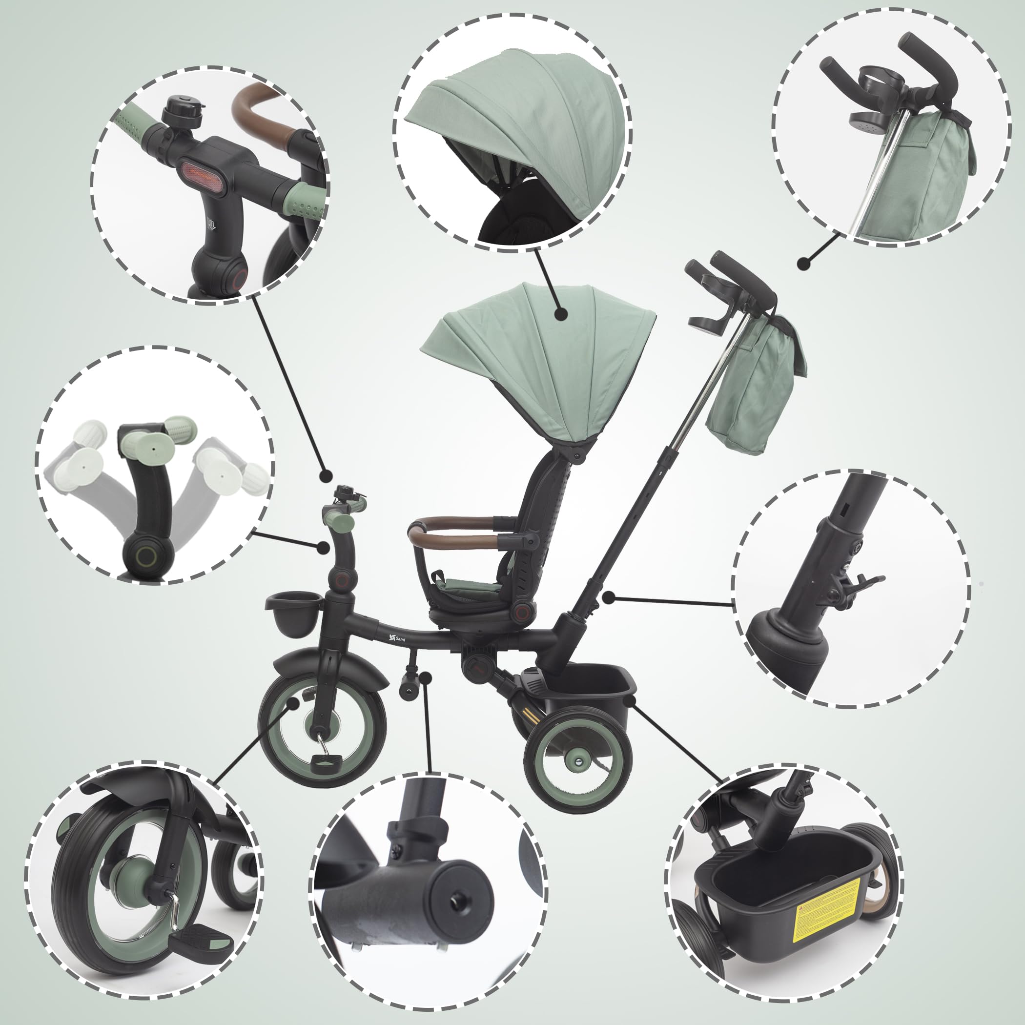 Twinly Triciclo pieghevole per bambini da 1 a 5 anni con sedia reclinabile e sedile reversibile, che accompagna la crescita del bambino, freno e cintura di sicurezza a 5 punti e barra di protezione