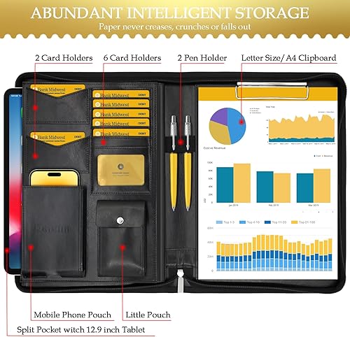 Miniatura 2 de Darolin Carpeta organizadora segura con cremallera y portapapeles, para entrevistas de negocios de cuero, soporte para documentos, organizador de