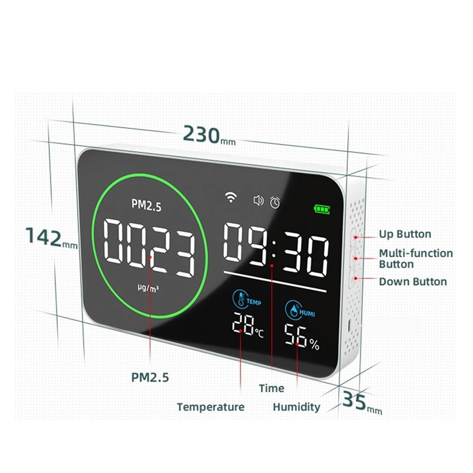 Detector de Gases, Monitor de Temperatura y Humedad PM2.5, Detector Digital Calidad del Aire 4 en 1 con Pantalla LED