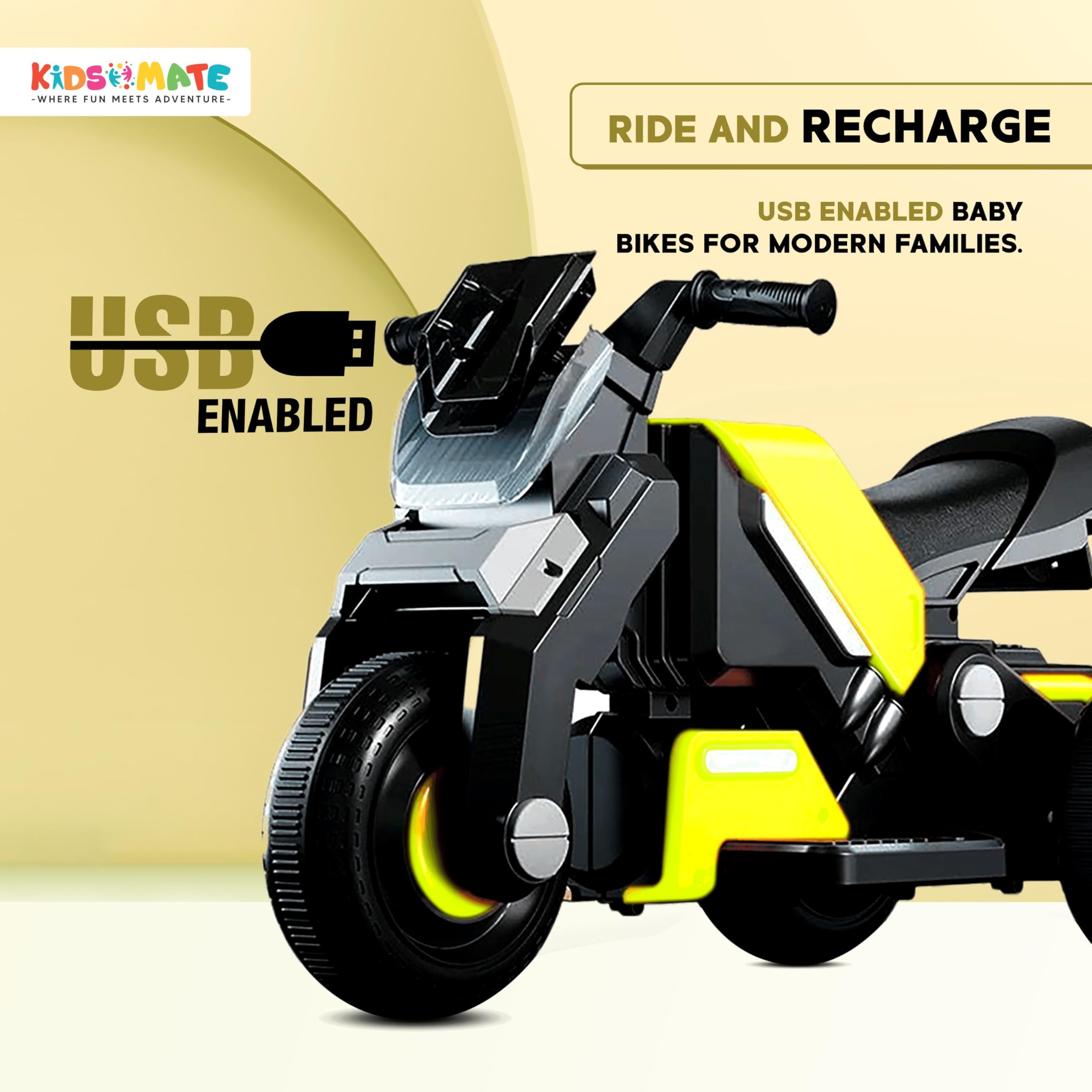 Kidsmate Hyrider 6V Electric Kids Bike with Rechargeable 6.5 Ah Battery Inbuilt Imported Motor Drive | Music Player, Front LED Light & Foot Accelerator Pedal Bike for Ages 1-4 Years (Parrot Green) - Image 6 thumbnail