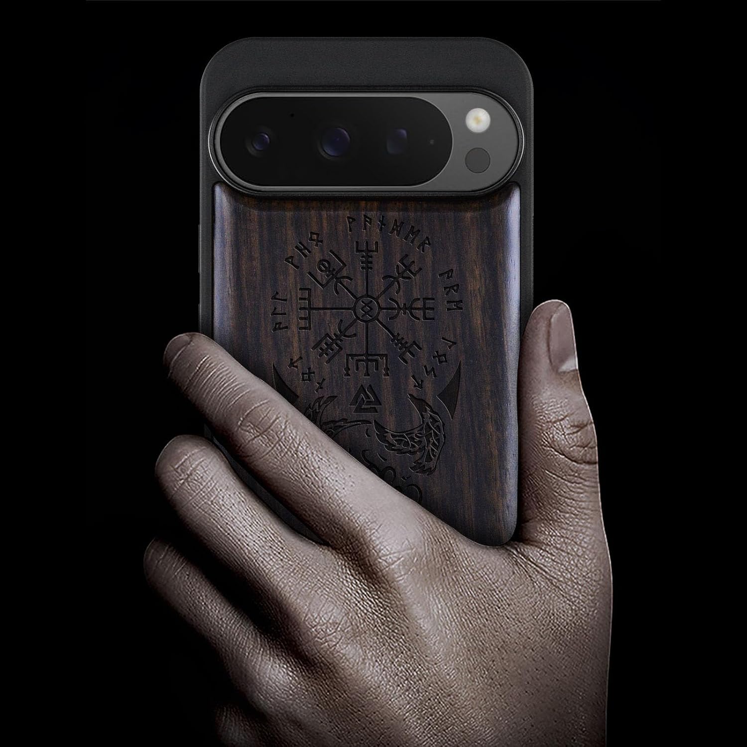 Carveit Magnetic Wooden Case for Pixel 9 Pro Google 9 Pro Case, Wood Artisan Engraved & Soft TPU Shockproof Cover, Compatible with MagSafe Wireless Chargers (The Guiding Vegvisir) Blackwood