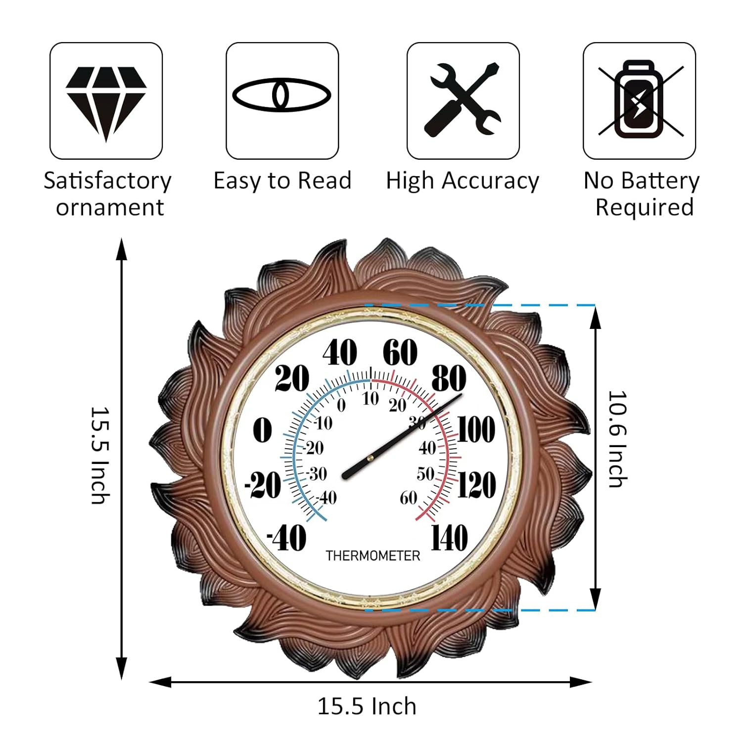 indoor outdoor thermometer large 15 inch wall thermometer waterproof does not require battery (brown) 15 inch brown1