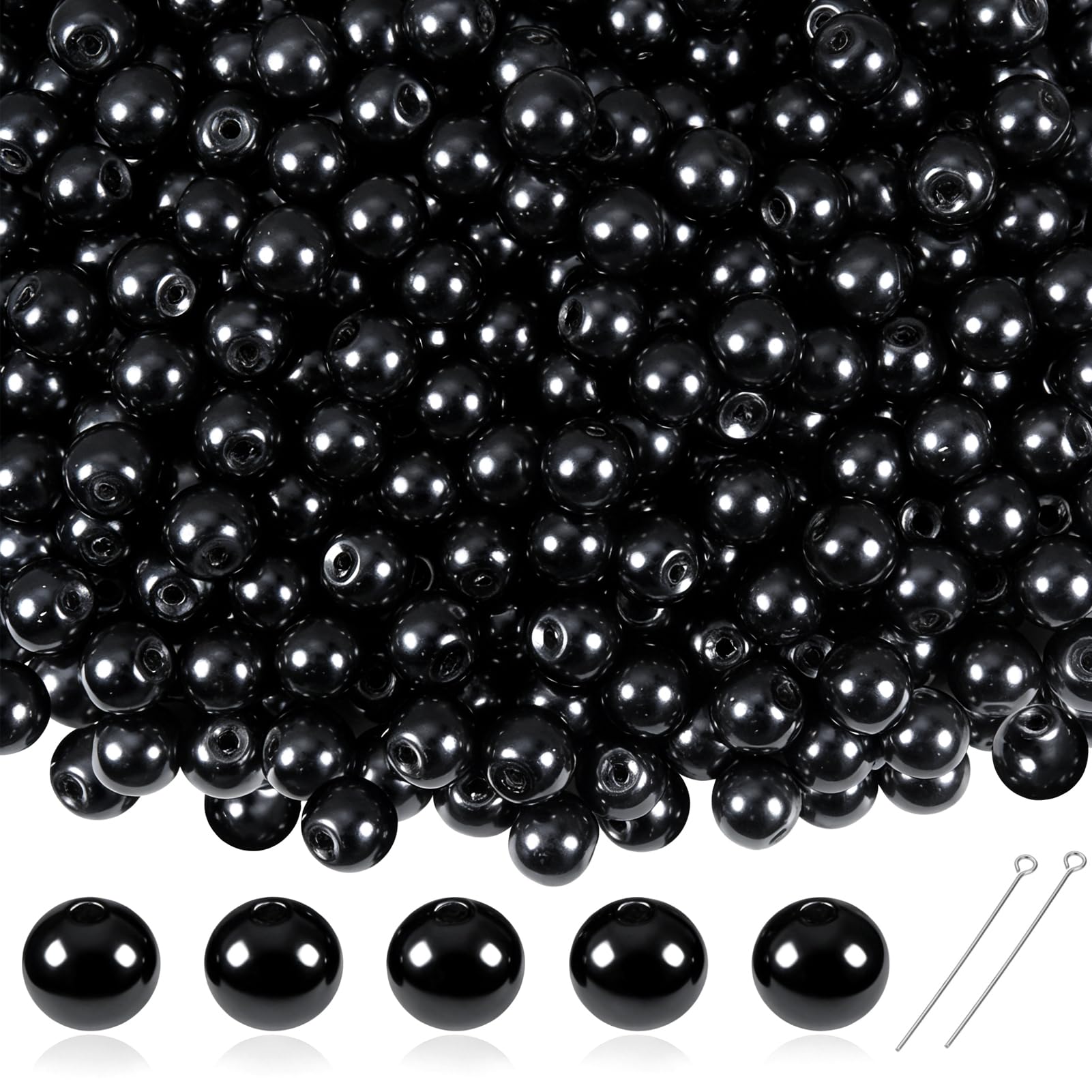 TOAOB 370pcs Black Glass Pearl Beads 8mm Round Imitation Pearls