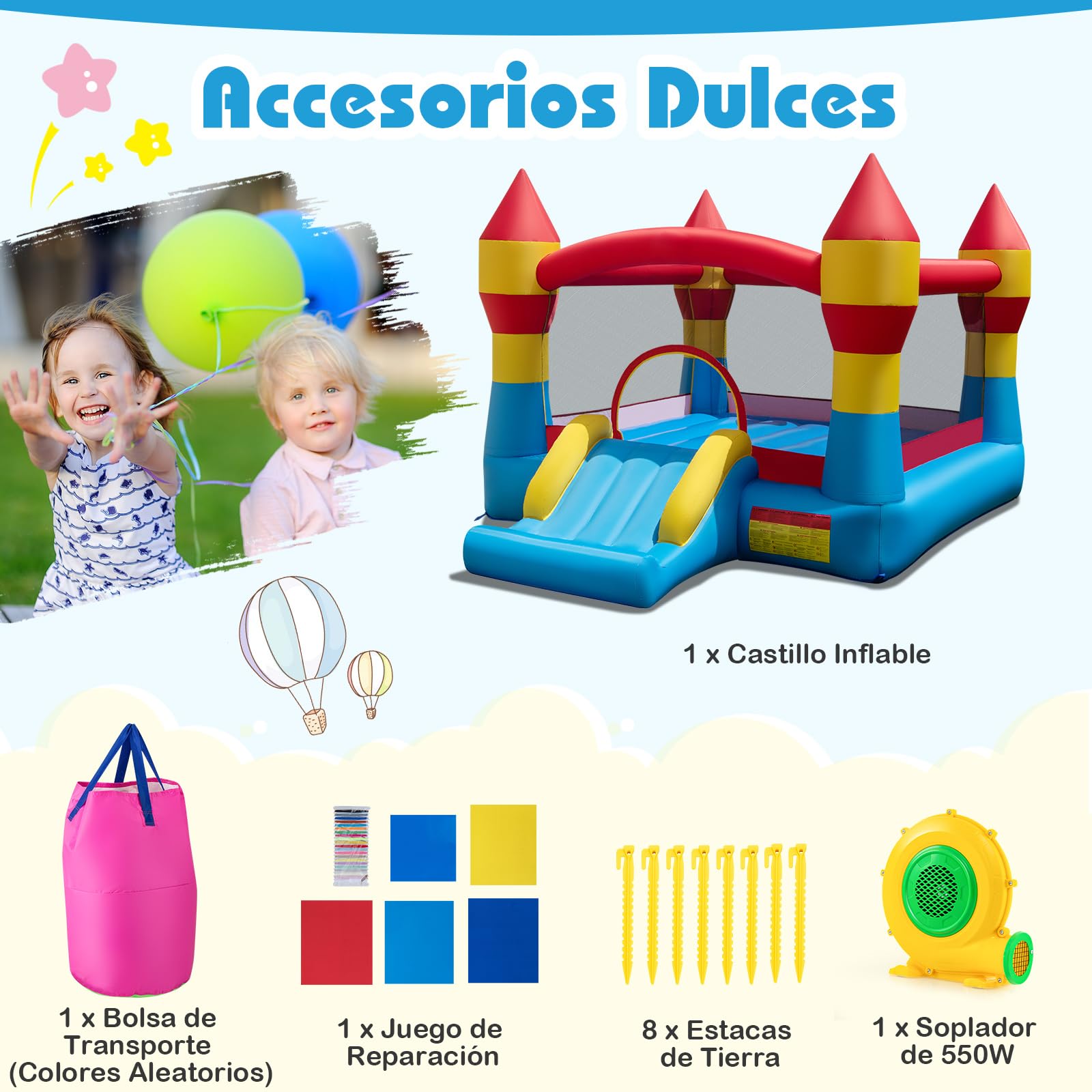 COSTWAY Castillo Hinchable con Tobogán y Aro de Baloncesto para Niños, 370x280x230cm Infantil Juguete para Parque Patio Jardín (con Soplador 550W)