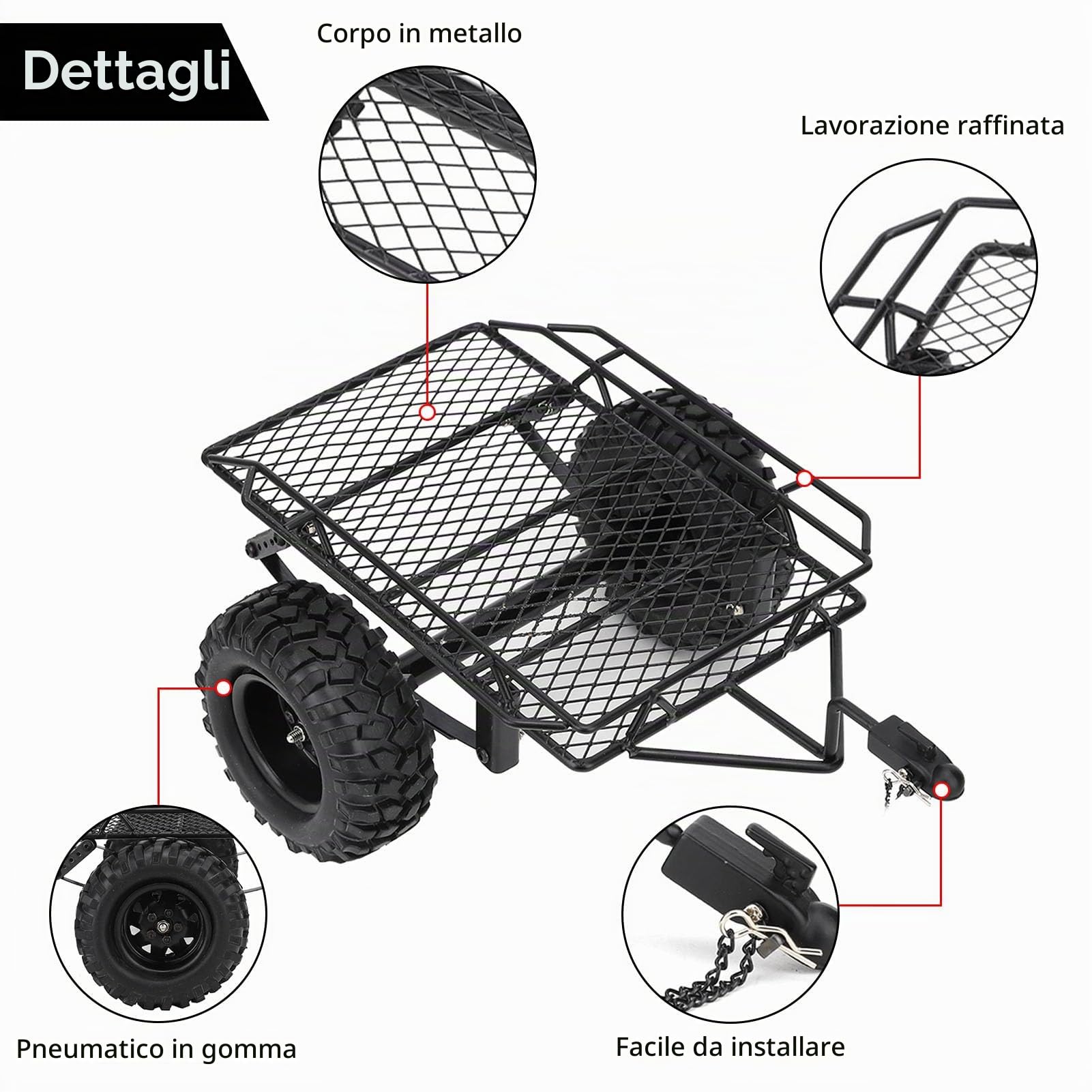 Rimorchio RC, rimorchio Benna RC in Metallo Simulazione Auto da trascinamento Mini rimorchio Nero Trasporto Dietro l'auto per TRX4 D90 SCX10 CC01 1/10 Parti Fai da Te