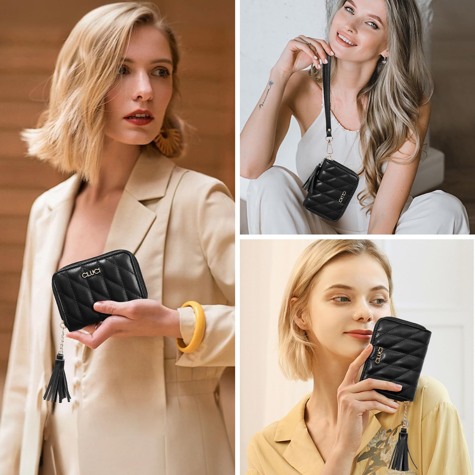 CLUCI Small Wallet for Women RFID Blocking Leather Quilted Credit Card Womens Wallet with Wristlet Black