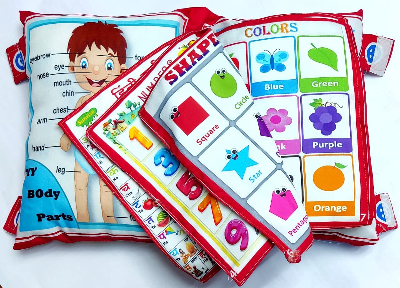 Kids Learning Pillow Cum Book, English & Hindi Alphabets, Numbers, Animals Names, Pink