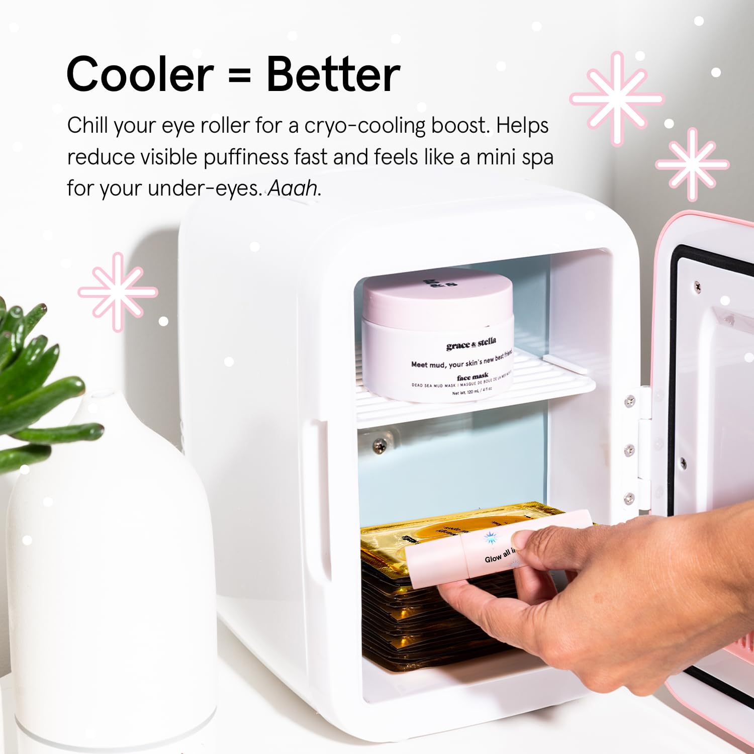 grace & stella Under Eye Serum with Rose Quartz Rollerball - Hyaluronic Acid & Caffeine Eye Serum for Dark Circles & Puffiness - Valentines Day Gifts for Her, Travel Size Toiletries (15ml / 0.51floz)