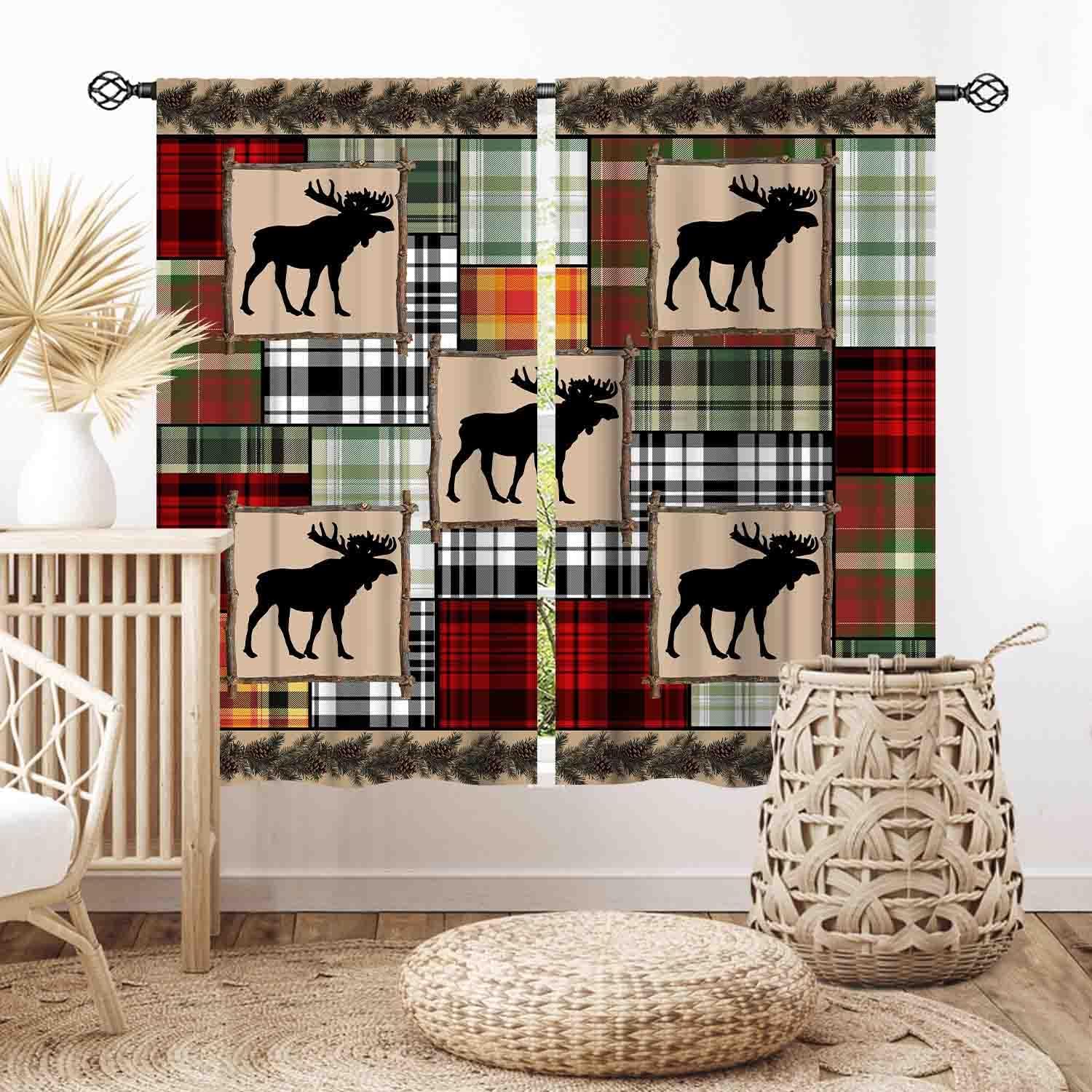 Cabin Curtains, Farmhouse Retro Bear Deer Elk Moose Hunting Wild Animals Lodge Wood Plank Adventure Country Rustic Window Drapery Treatments for Bedroom Living Room Kitchen Bathroom, 84"x63" Inch