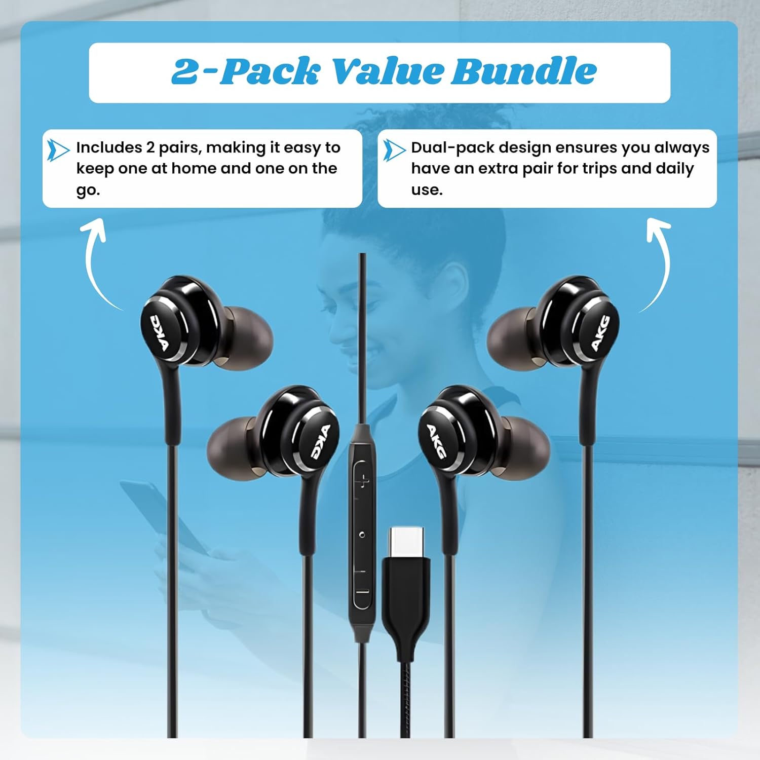 USB C Wired Headphones (2-Pack) Type C Wired Headphones with Mic & Volume Control, in-Ear USB C Earphones for Samsung Galaxy S24 S23 S22, iPad Pro/Air, Google Pixel 8 7, OnePlus