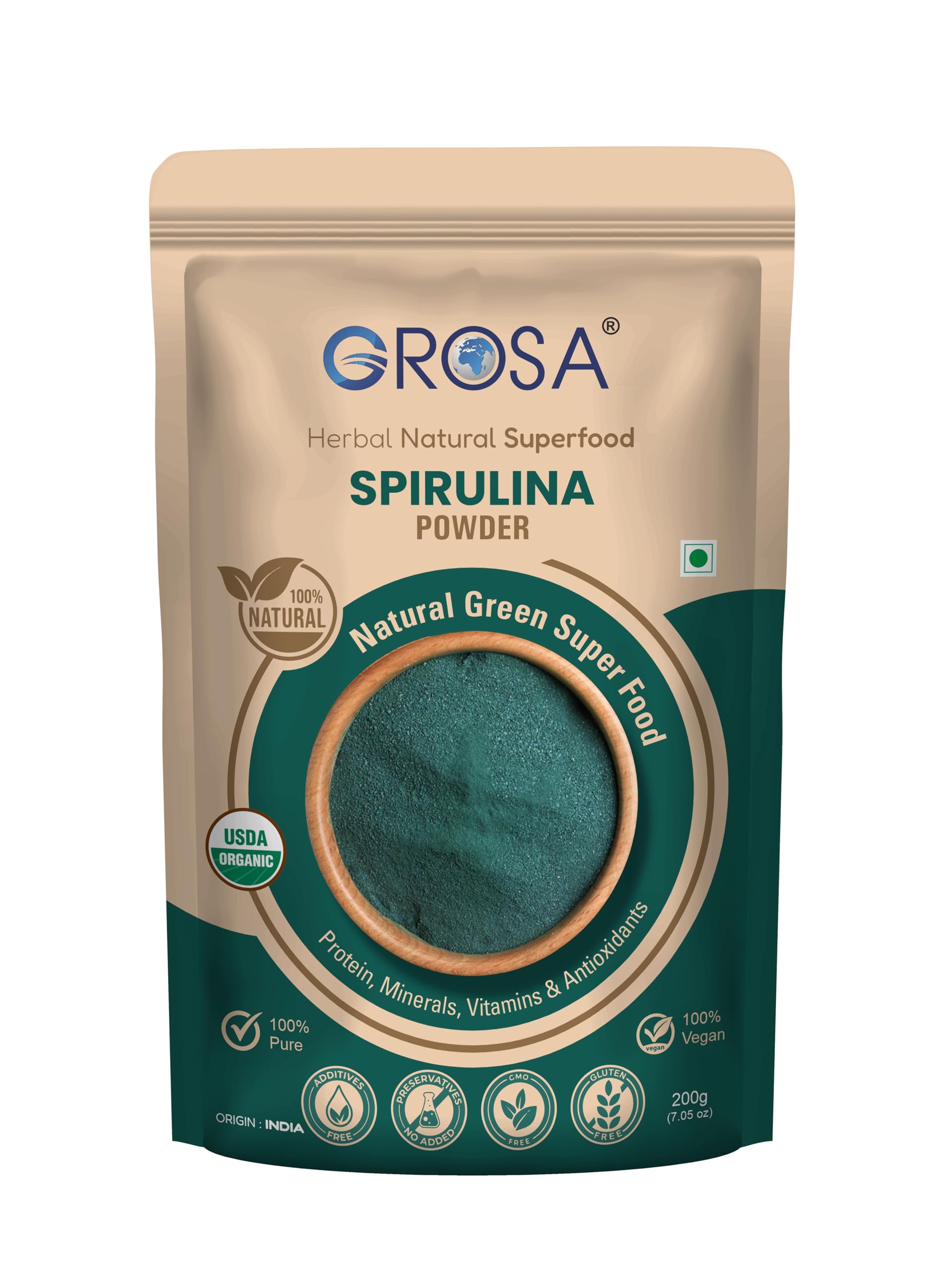 GROSA Organic Spirulina Powder, Natural Green Superfood (200gm)