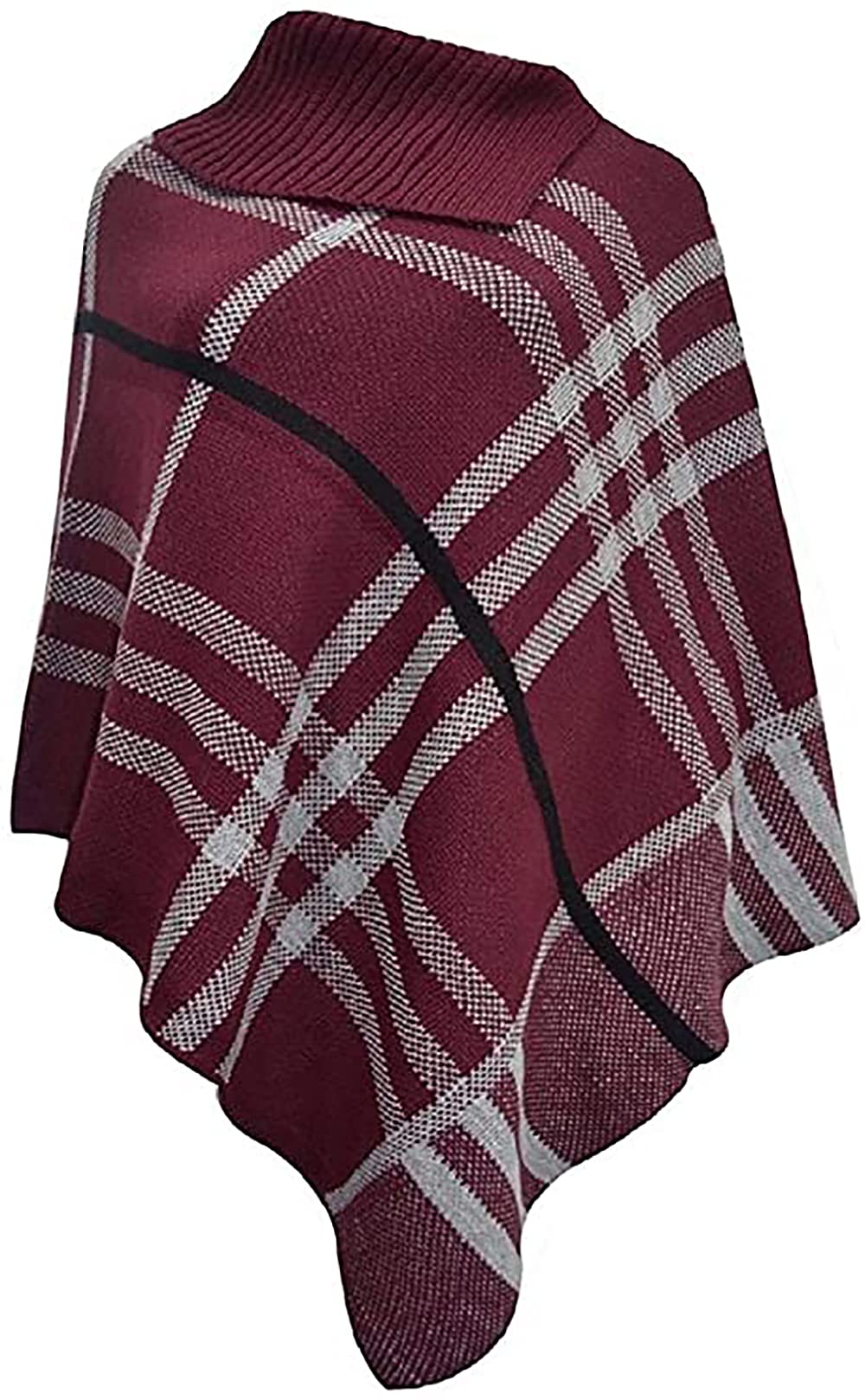 Womens Check Printed Ladies Stretch Knitted Collared Cape Wrap Shawl Jumper Poncho Top (Check, Wine)