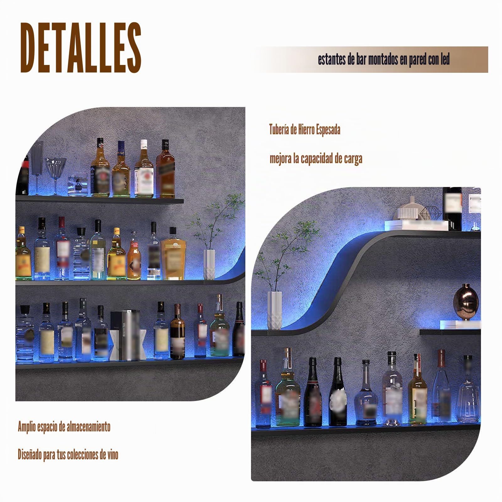 Botellero de Vino Montado en la Pared con Luz LED, Estantes de Vino Decorativo de diseño curvo moderno, 3 Niveles Estante para Exhibición De Vinos, para Bar doméstico, Cocina, Catering (negro, 150cm)