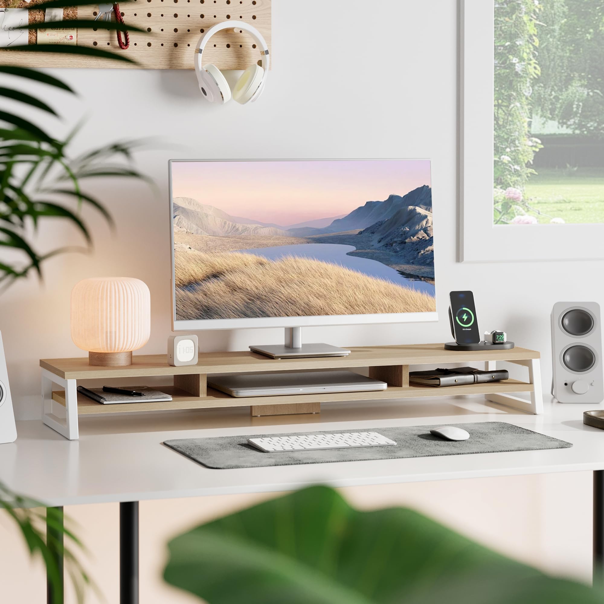 Fenge Réhausseur d'Écran d'Ordinateur en Bois, Support de Moniteur, 108x25,5x13,7cm, Charge 45KG (Chêne)