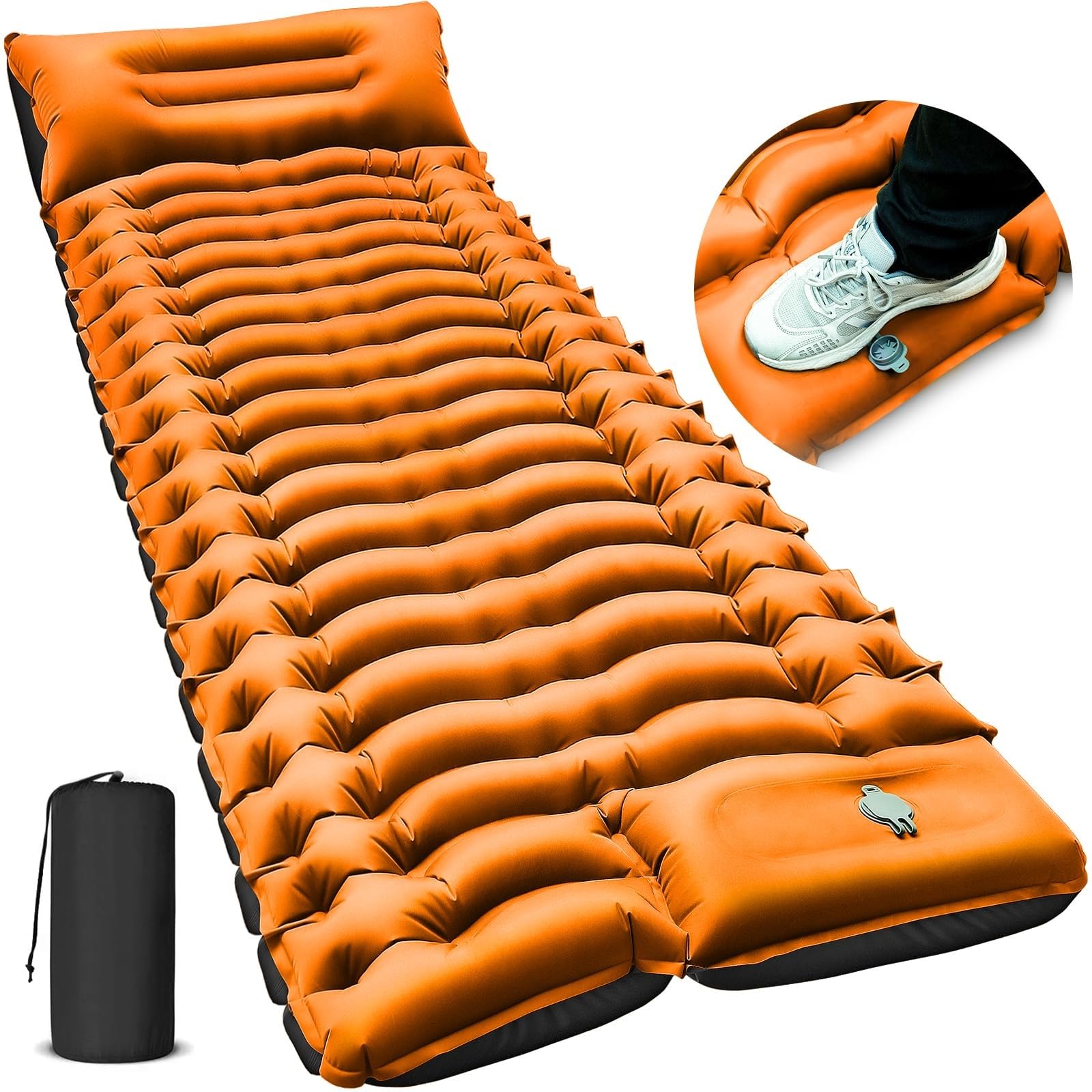 Camping Sleeping Pad, Ultralight Camping Mat with Pillow Built-in Foot Pump Inflatable Sleeping Pads Compact for Camping Backpacking Hiking Traveling - Orange, Single, DR-Orange-BT03