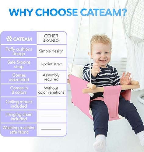 Miniatura 20 de CaTeam - Columpio de lona para bebé, silla colgante de madera con cinturón de seguridad, columpio duradera para bebé, columpio para exteriores e Azul