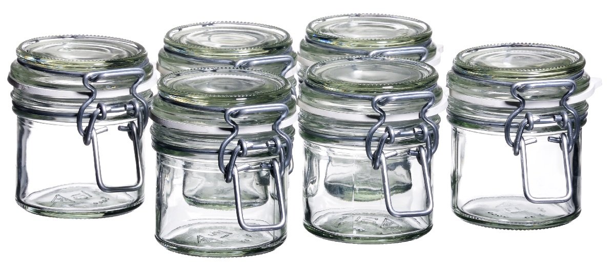 MÄSER 925337 Gothika, Einmachgläser klein, made in Germany, 6er Set à 90 ml, Vorratsgläser mit Deckel und Drahtbügel zum luftdichten Aufbewahren, Einkochen und Einlegen, Glas, transparent