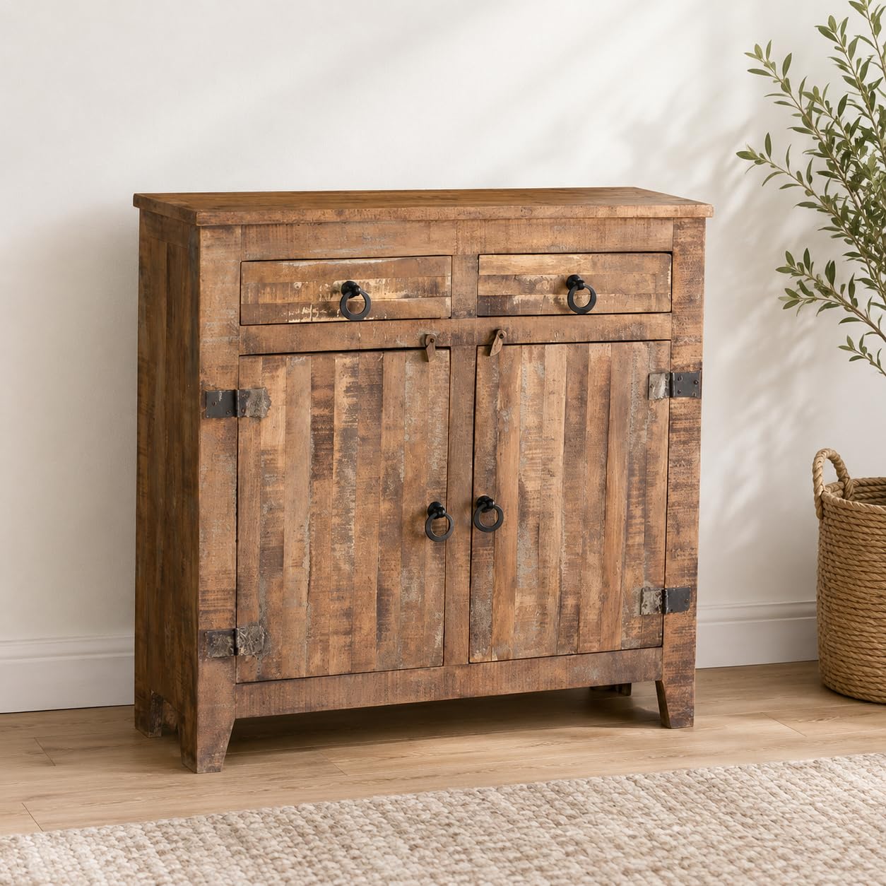 Rustic Mango Wood Sideboard Cabinet with 2 Drawers and 2 Doors | Rough Finish Wooden Storage Console Table for Living Room, Hallway & Home Decor (Natural Brown)-image-22