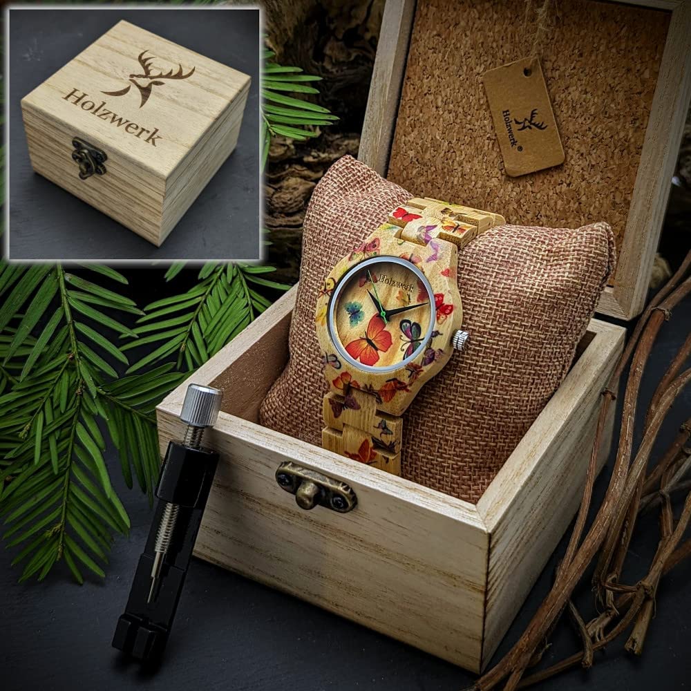 Holzwerk Germany Ręcznie wykonany designerski zegarek damski ekologiczny naturalny drewniany zegarek bransoletka zegarek analogowy klasyczny zegarek kwarcowy z motywem motyla motyla, kolorowy