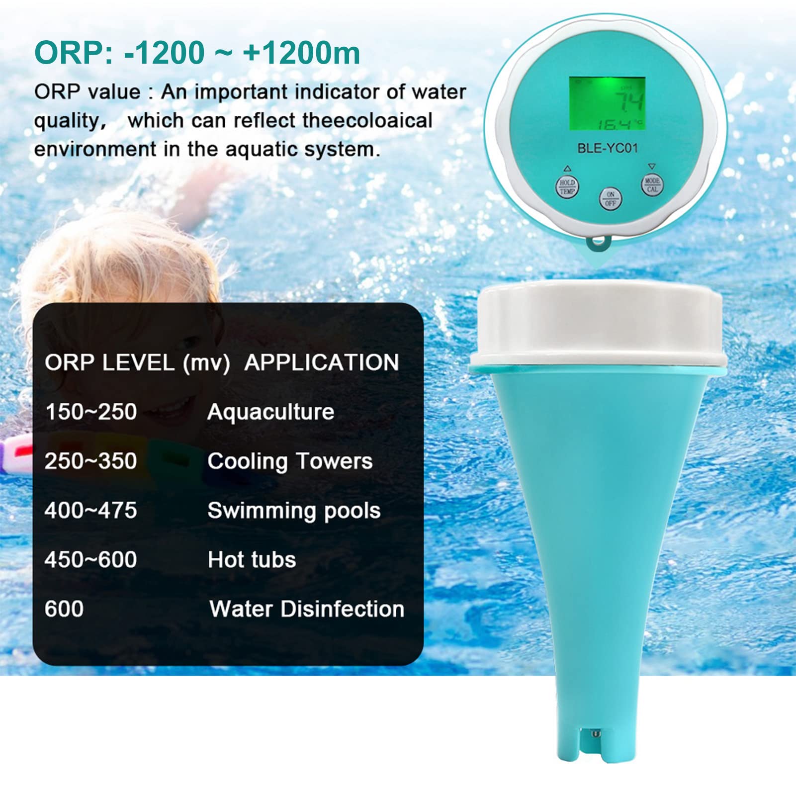 Cryfokt Medidor de Prueba de Agua Portátil 6 en 1 PH EC TDS ORP Temp Tester para Piscina, Acuario, Laboratorio - Tamaño: 6.3x3.1x3.1in Material: ABS
