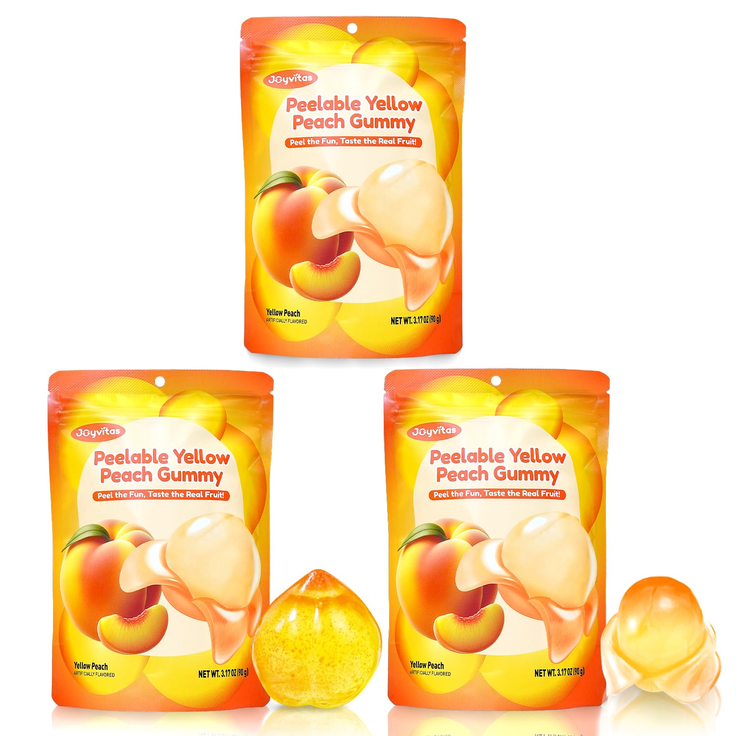 Christmas Peelable Gummy Yellow Peach Candy – Individually Wrapped Tropical Peeling Gummies Variety Pack, Low Sugar & Low Calorie, Perfect Stocking Stuffers & Christmas Gifts, Resealable Snacks (3 Pack, 9.53oz Yellow Peach)