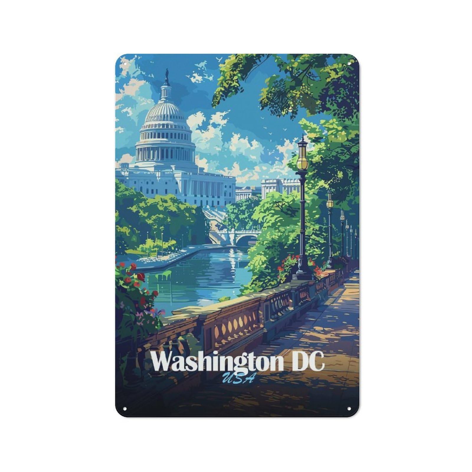 Junmoney Style-2 Washington Dc Cityscape Everyday Metal Wall Decor 30X20cm, Vintage Metal Sign For Hallway, Home Bar, Garage Or Study