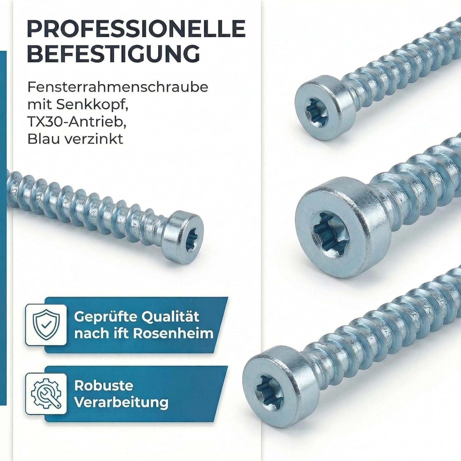 7.5x60, Vis de pose dans PVC et bois, tête cylindrique Tx 30, zingué blanc, VE=100