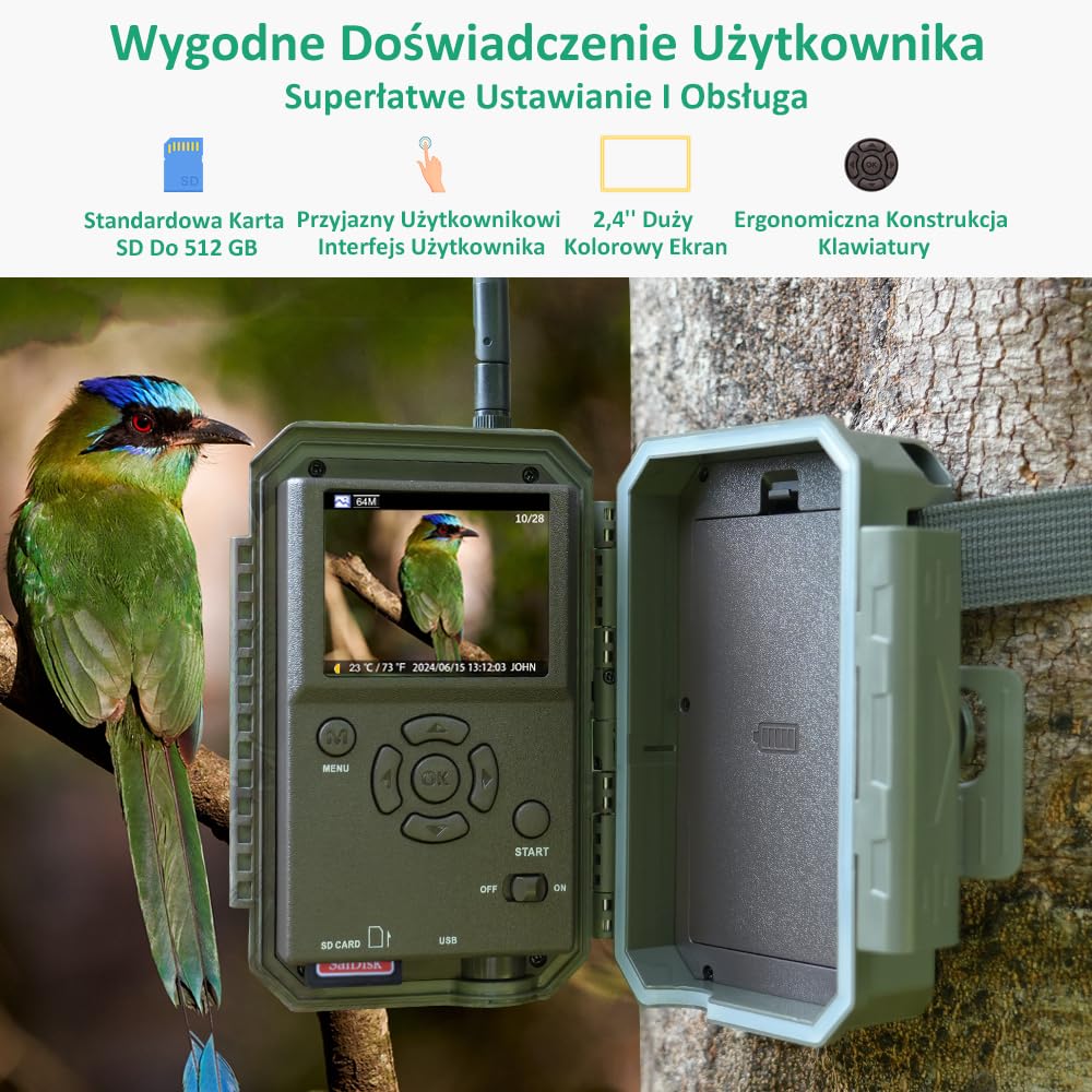 GardePro E8 Kamera Myśliwska WiFi z Aplikacją, 64MP H.264 1296P Wideo, Niewidzialne Podczerwone LED do 30m, 0.1s Szybki Wyzwalacz, Czujnik Ruchu, Kąt 120°, Wodoodporność IP66