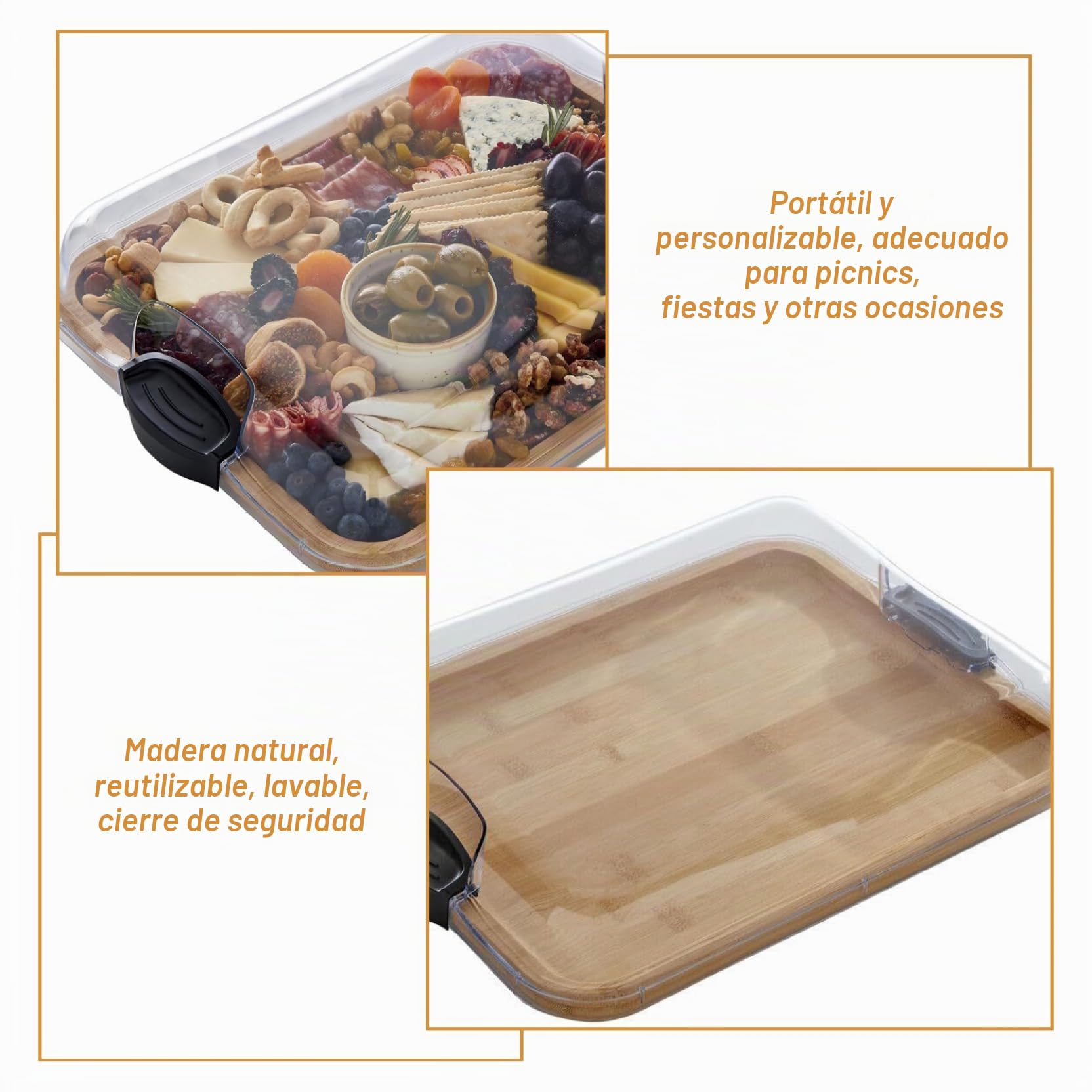 Tablero de corte de bambú con tapa, 15x11.3 pulgadas de tablas de charcutería reversible con tapa de bloqueo transparente y manijas para verduras, charcutería de frutas