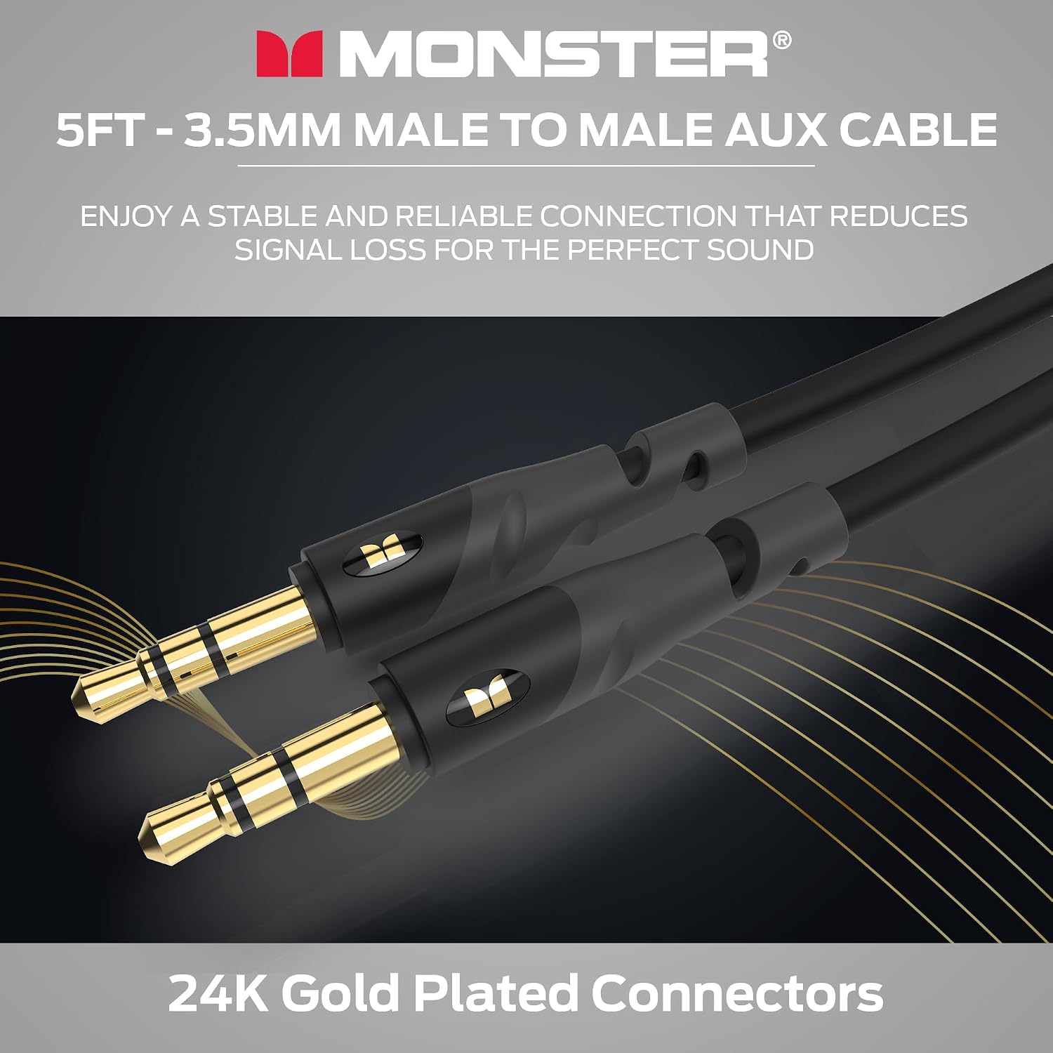 Monster Gen1 Essentials 3.5mm Male to Male Audio Cable, 5FT Aux Cord with Duraflex Jacket, Gold Plated Connectors, Stereo Auxiliary Cable for Car, Home Audio, Speakers, Headphones