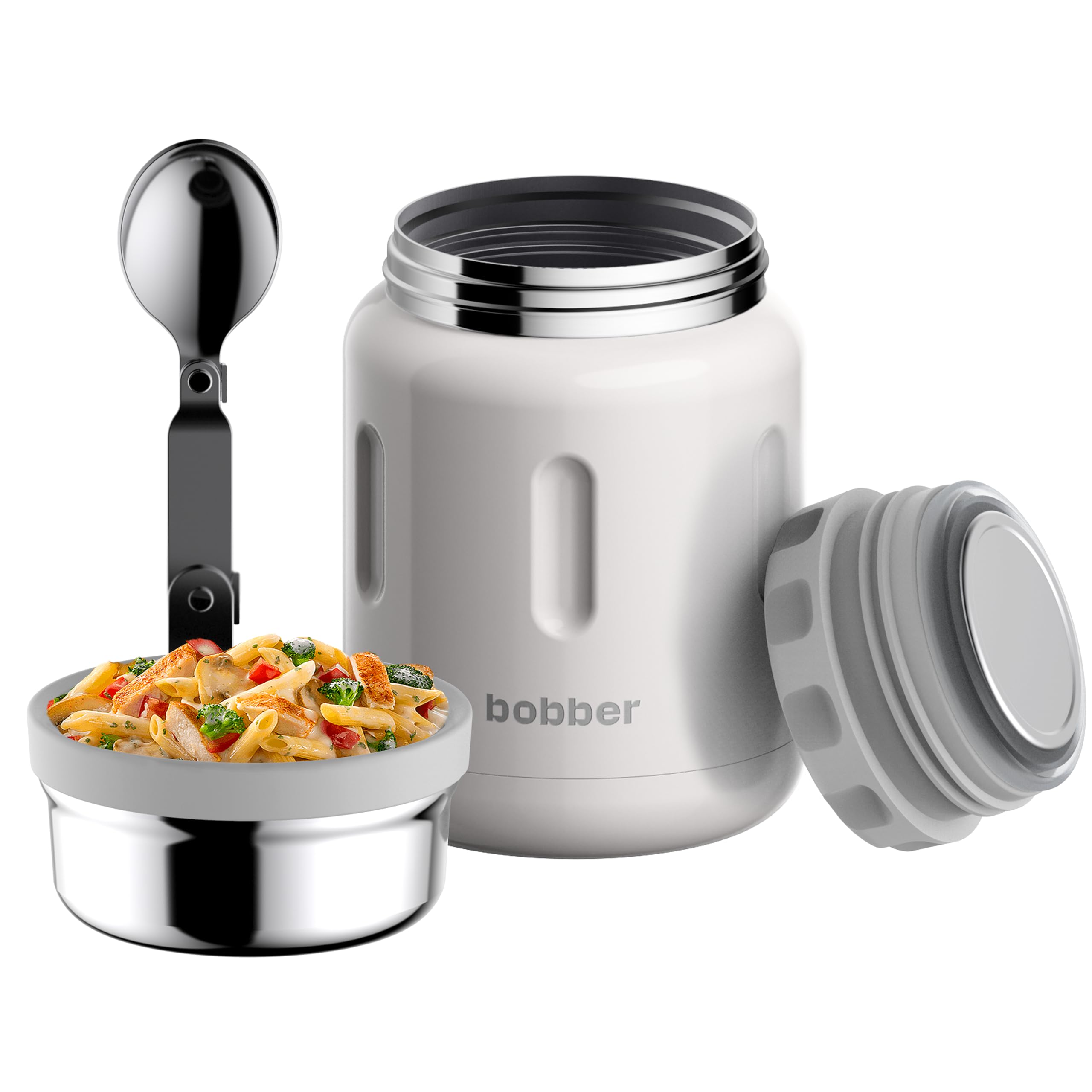 BOBBER Jerrycan - 24 Oz Insulated Stainless Steel Thermo Food Jar With Extra-Wide Mouth, Built-in Spoon and Bowl - Keeps Hot for 14 Hours and Cold for 20 Hours (Grey)