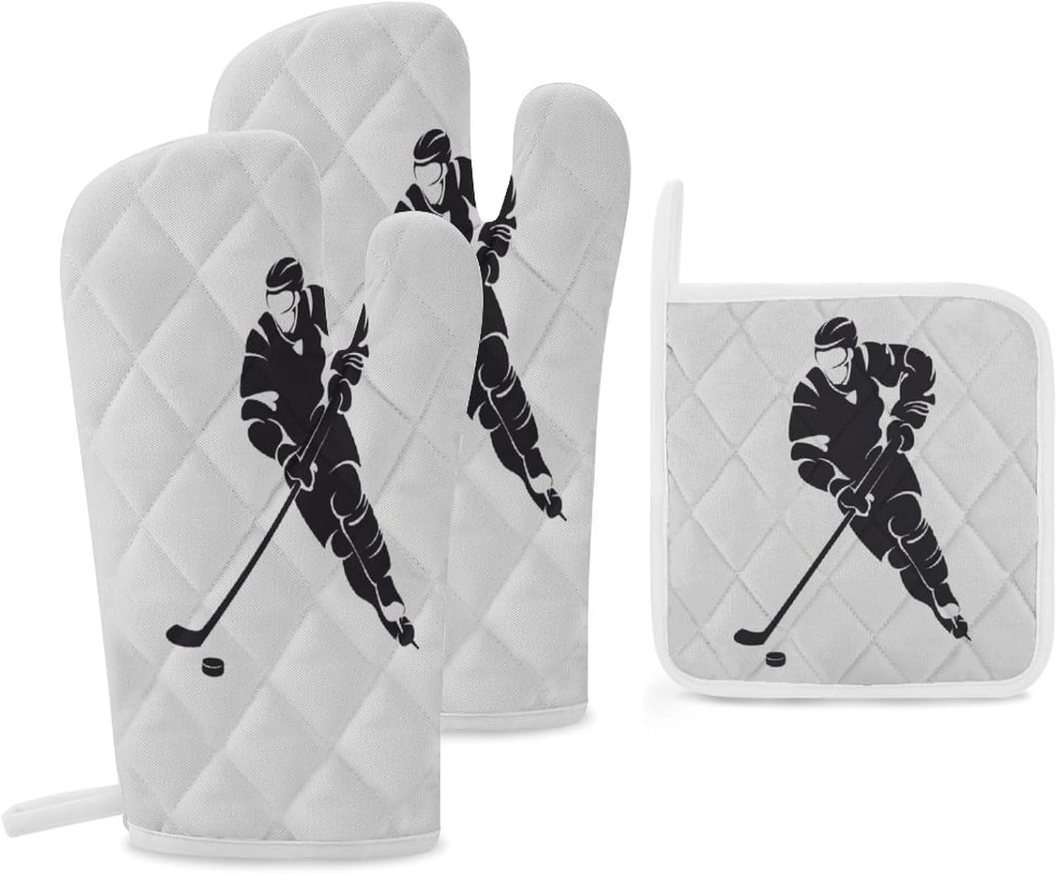 Ice Hockey Player Print Oven Mitts and Pot Holders 3 Piece Sets Heat Resistant Gloves Hot Pads Potholders for Kitchen Baking Cooking