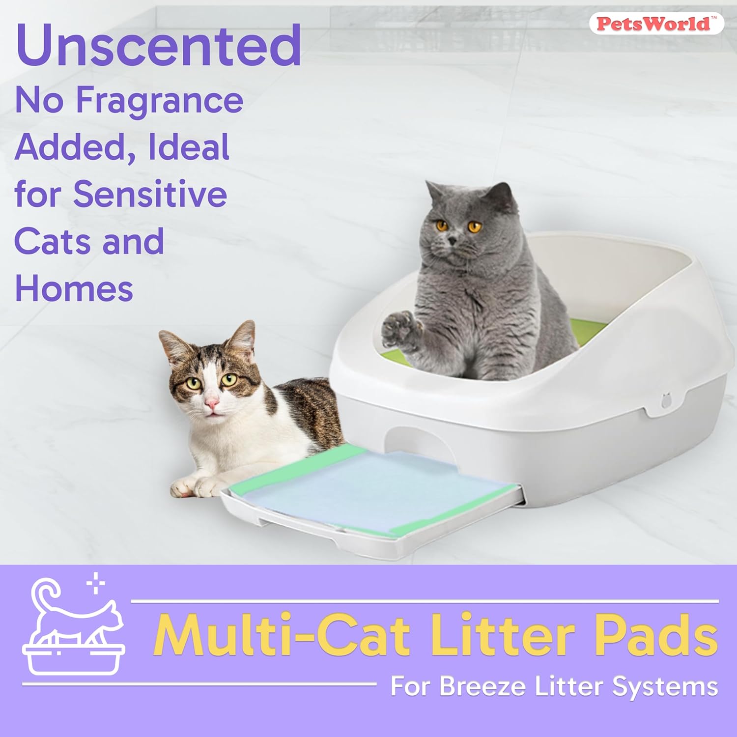 PETSWORLD Multi Cat Pad Refills for Cats Breeze Litter System, Ultra-Absorbent, Quick Dry - (50 Count, Unscented)