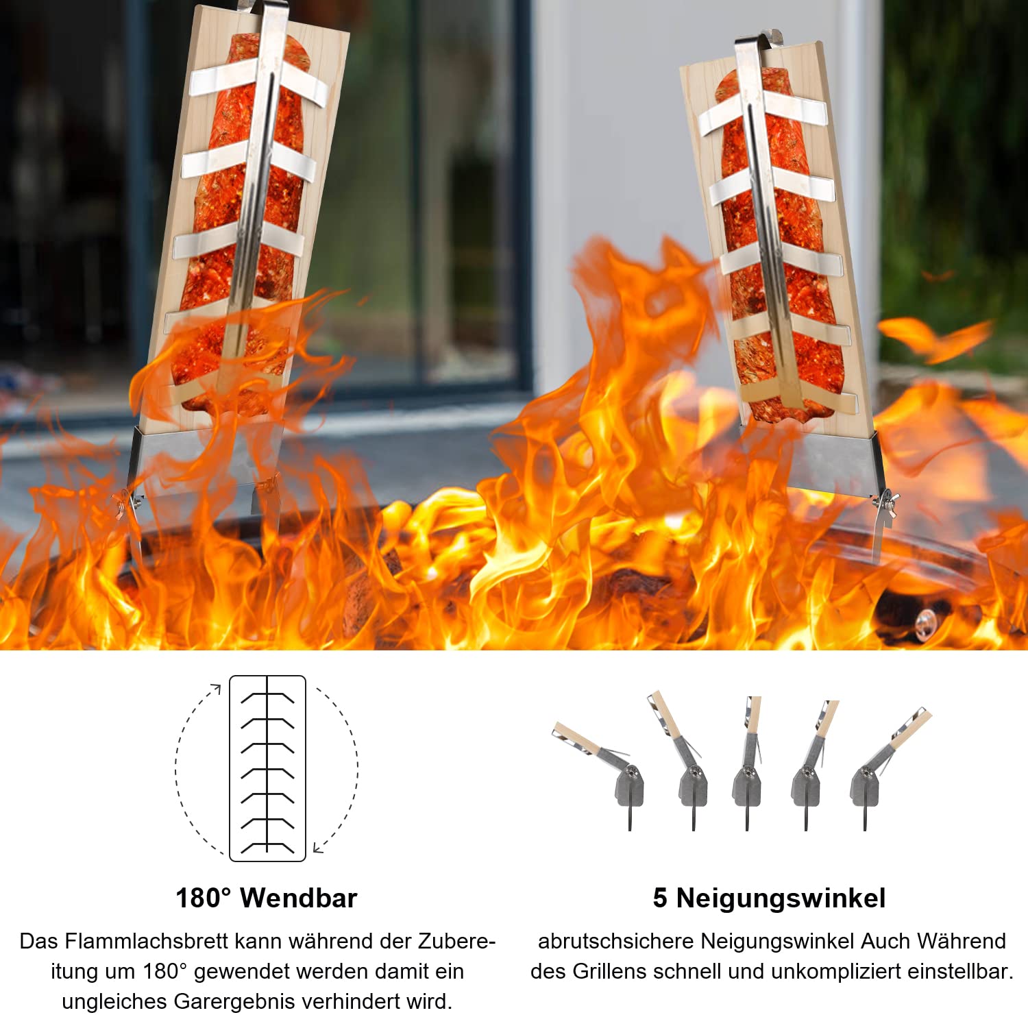 2X flammlachsbretter mit Halterung, Räucherbrett Flammlachsbrett, Zedernholz grillbrett, Zedernholzbrett mit Stabiler Edelstahl-Halterung für Feuerschale & Grill