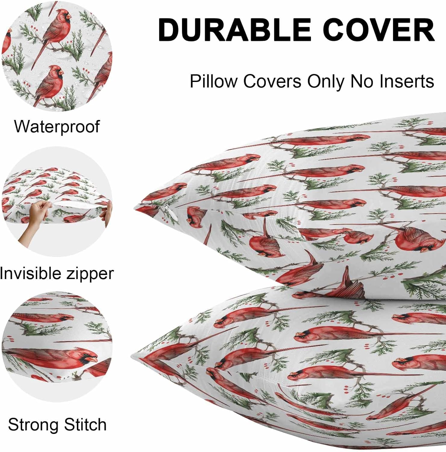 YOKOU Outdoor Waterproof Throw Pillow Covers, Christmas Red Bird on Pine Branches Berries Cardinal Pillowcases Cushion Covers Cases for Patio Couch Bench, Pack of 2 Square, 20X20 Inch