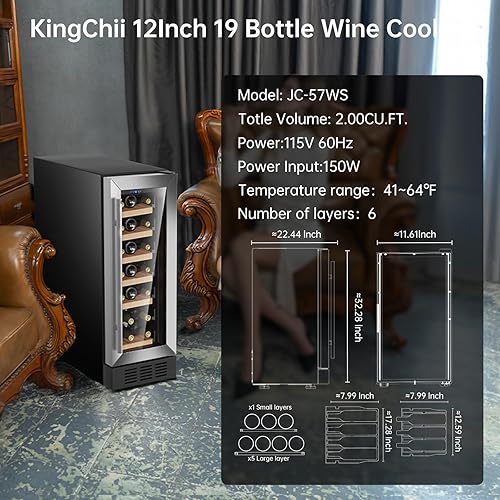 Miniatura 4 de KingChii Refrigerador de vino de 12 pulgadas, 19 botellas, compresor profesional, acero inoxidable y vidrio templado para vino tinto, champán,