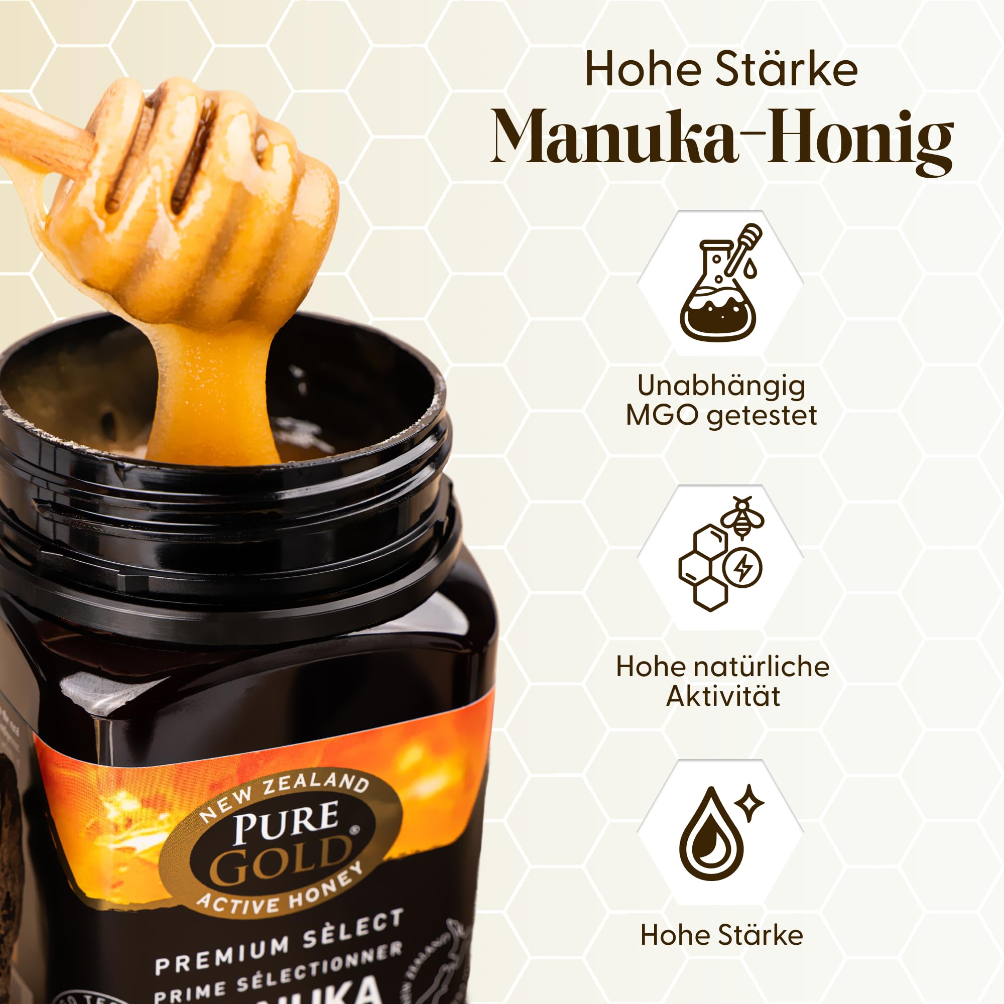Pure Gold Manuka-Honig 525+ 500 g aus Neuseeland MBO-zertifiziert MPI-Standards