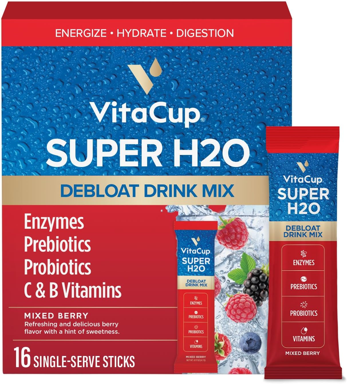 VitaCup Super H2O Bloating Relief Mixed Berry Water Enhancer Packets, 16ct