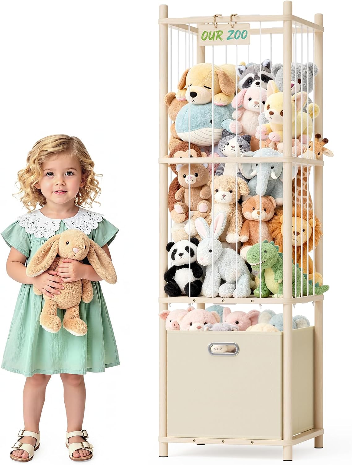 Stuffed Animal Storage Organizer - Large Wooden Toy Organizer with Drawer for Nursery, Bedroom, Kidroom, Natural Pine Material, Space-Saving