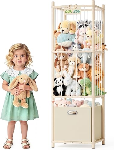Organizador de almacenamiento de animales de peluche, organizador grande de juguetes de madera con cajón para guardería, dormitorio, cuarto de