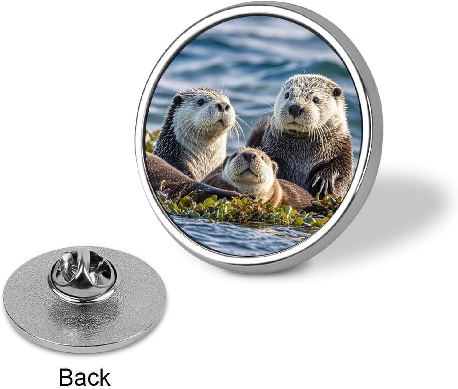 Round Metal Lapel Pin, Aluminum Alloy, Sea Otters image 3